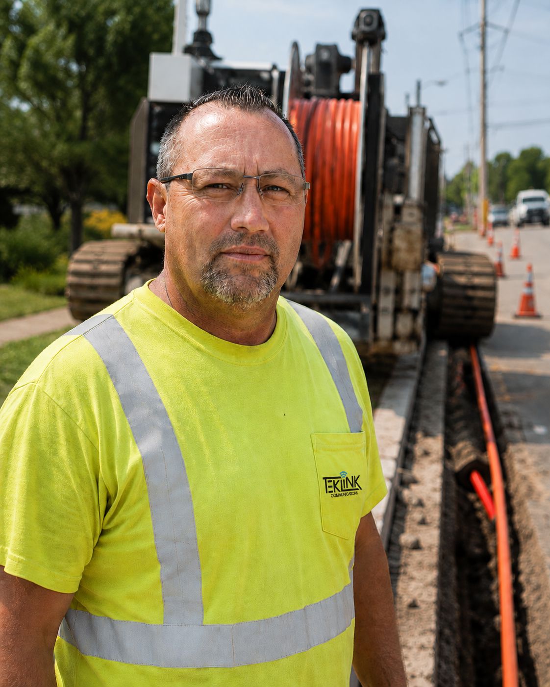 Environmental portrait of Robert Rose on a jobsite, not in an office. Hi-vis or company shirt, equipment behind him, natural light, looking at camera.