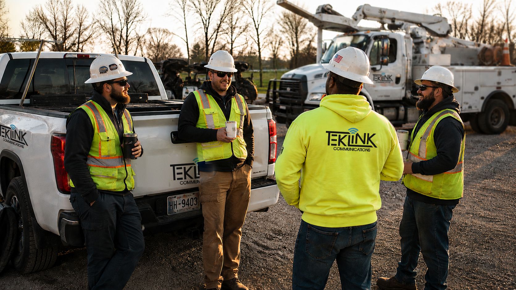 Crew of three or four at the start of a shift, tailgate meeting beside the trucks. Hard hats and hi-vis on, coffee in hand.