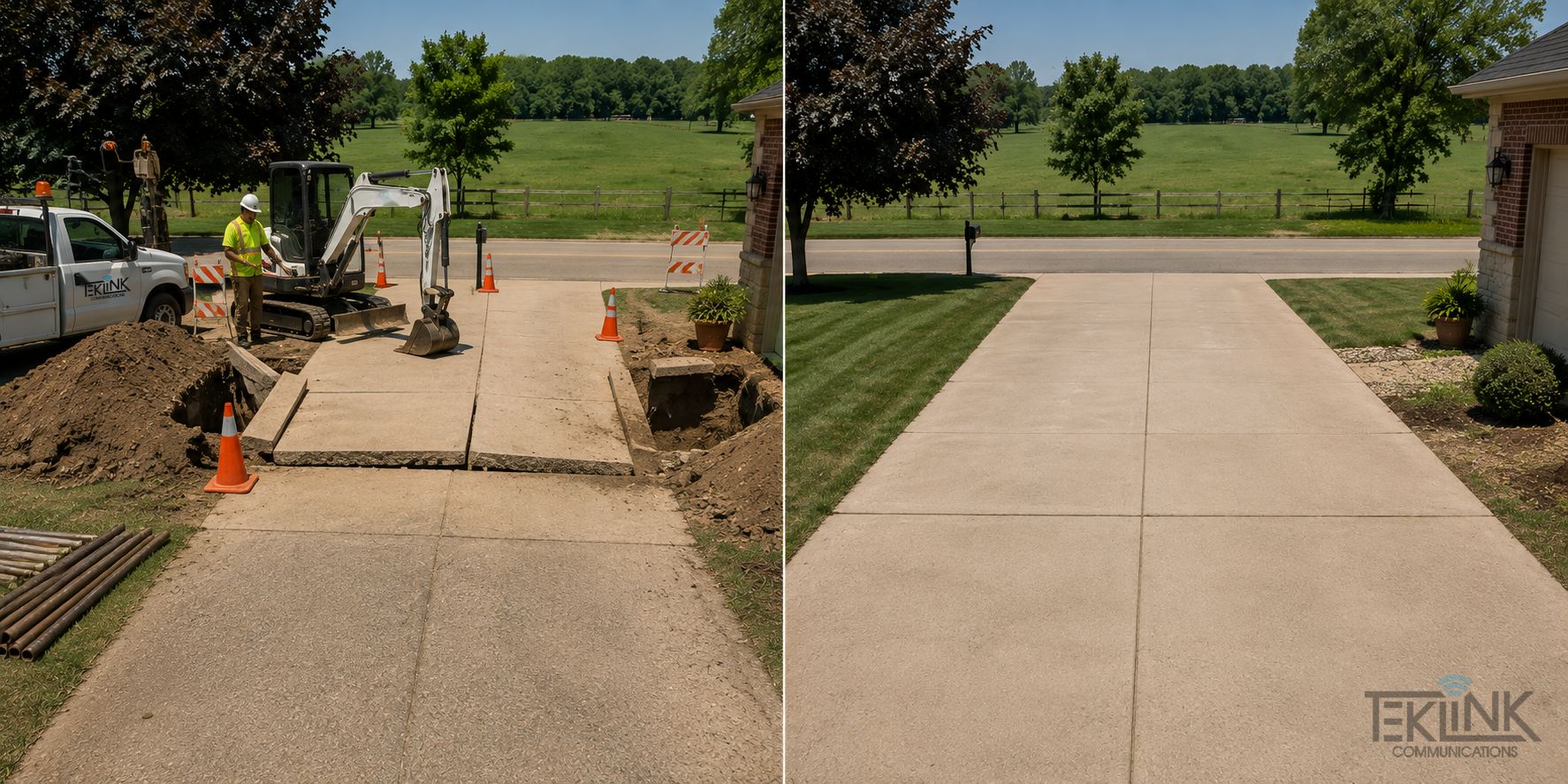 A single image split into two equal halves by a thin vertical divider, showing the same bore crossing before and after restoration. Left half BEFORE: open entry and exit pits either side of a residential driveway, spoil piled on the turf, drill rods and a mini excavator in frame, orange cones and safety signage set out, the concrete saw-cut and lifted.