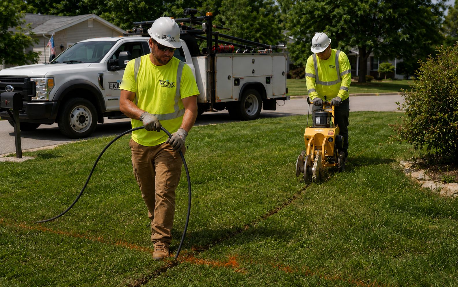 Crew burying a residential service drop. Vibratory plow or walk-behind trencher cutting a line across a front lawn, orange locate paint visible on the grass, tech feeding conduit into the slit.