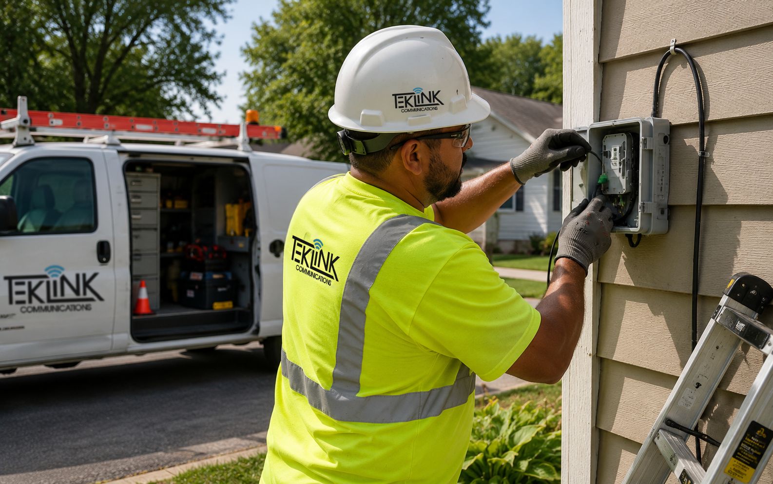 Installer at a residential demarc or NID on the side of a house, working the fiber drop into the enclosure. Clean uniform, ladder or service van in frame.