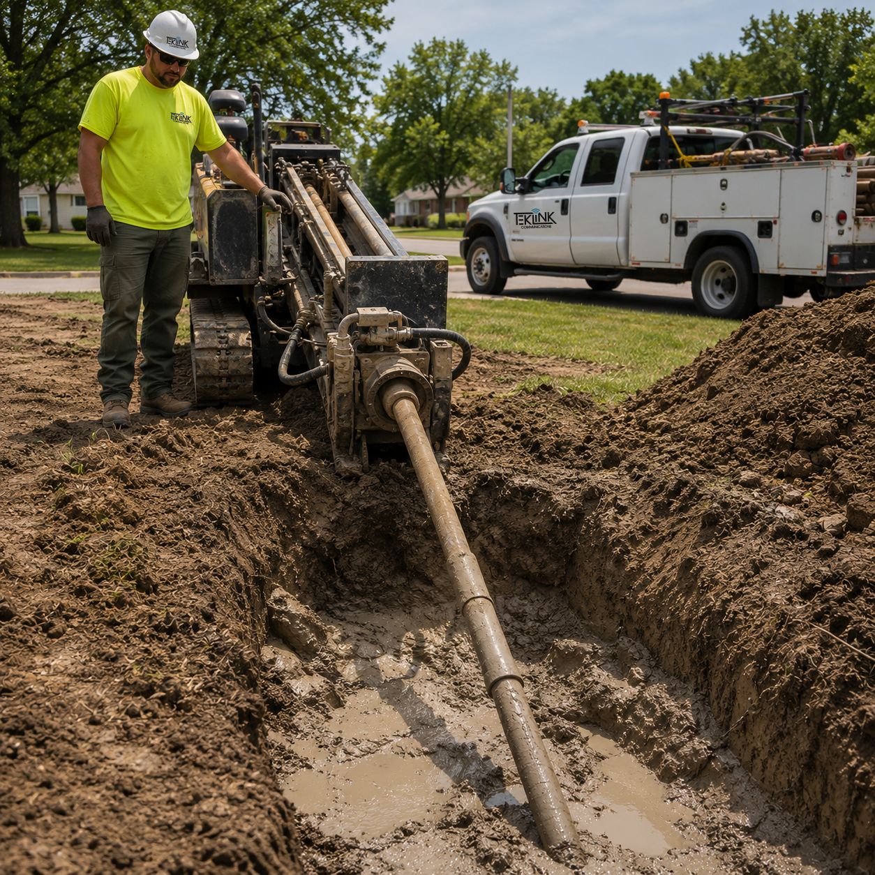 Drill rod entering the ground at a bore pit.