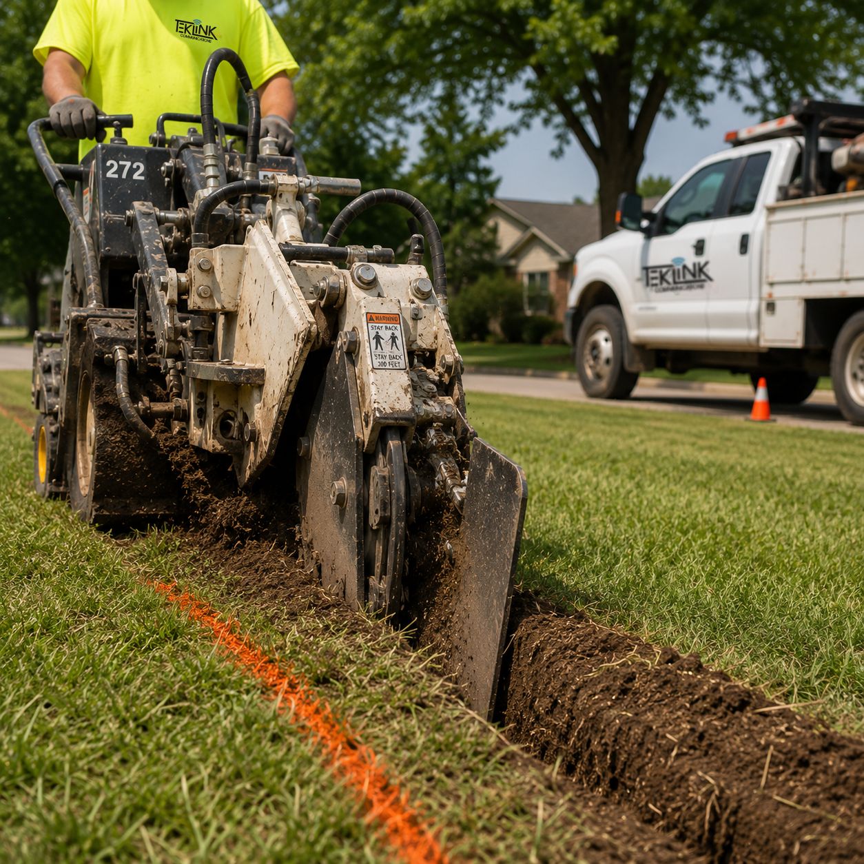 Plow cutting a line across turf, close to the blade.