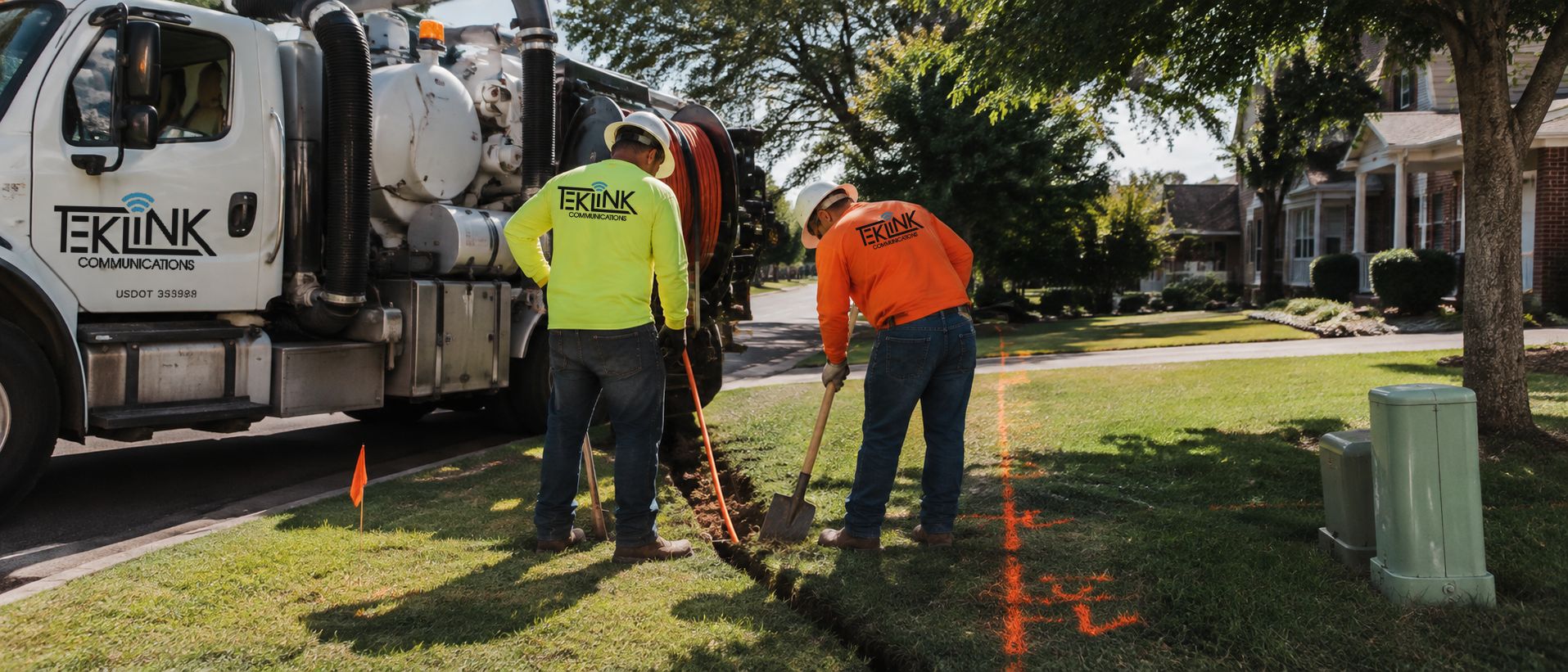 Two TekLink technicians burying a residential fiber drop beside a vac truck, with orange locate paint and a locate flag marking the line.
