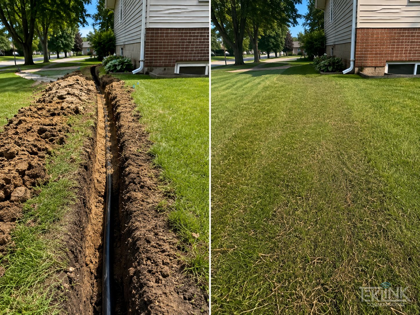Featured project. Before-and-after restoration pair from a residential drop: open trench across a lawn beside the same lawn backfilled, tamped and seeded.