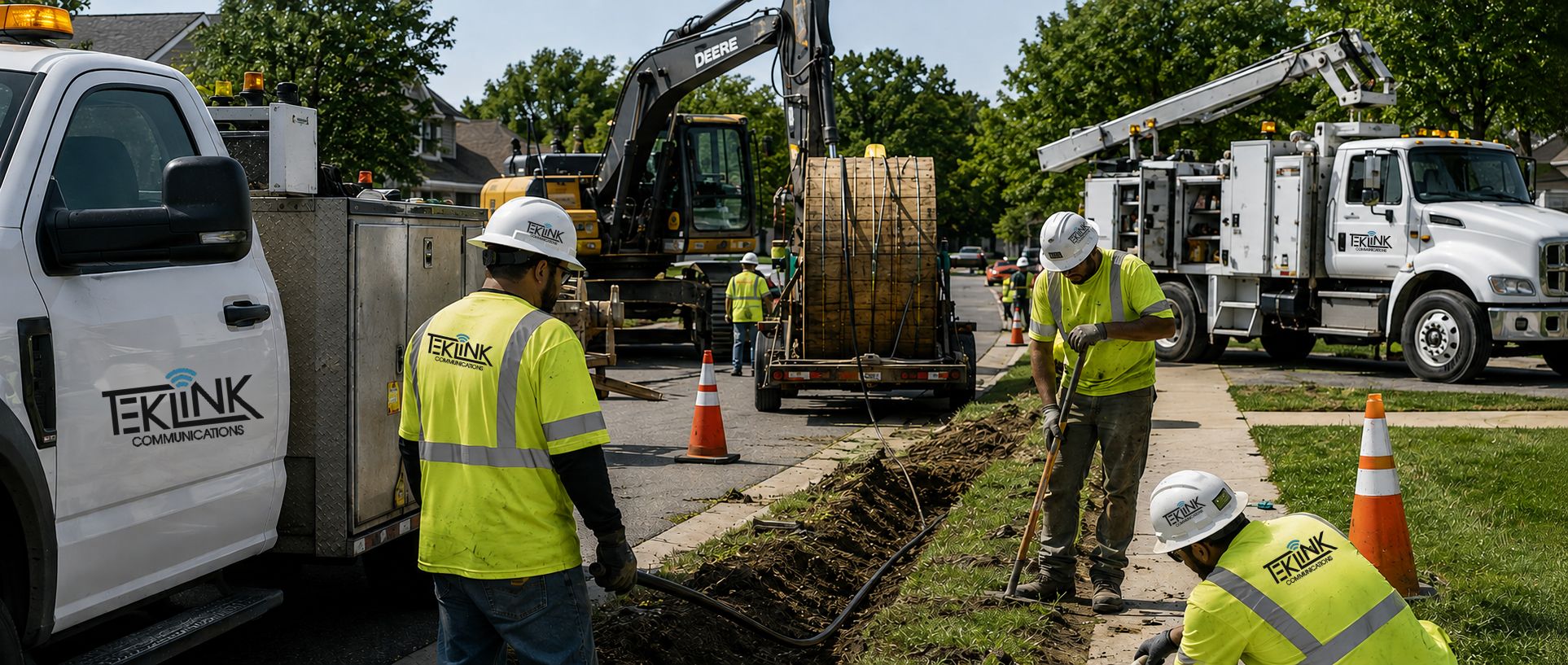 TekLink crew working alongside a prime contractor's operation - two sets of trucks on the same job, or a TekLink crew on a larger build site.