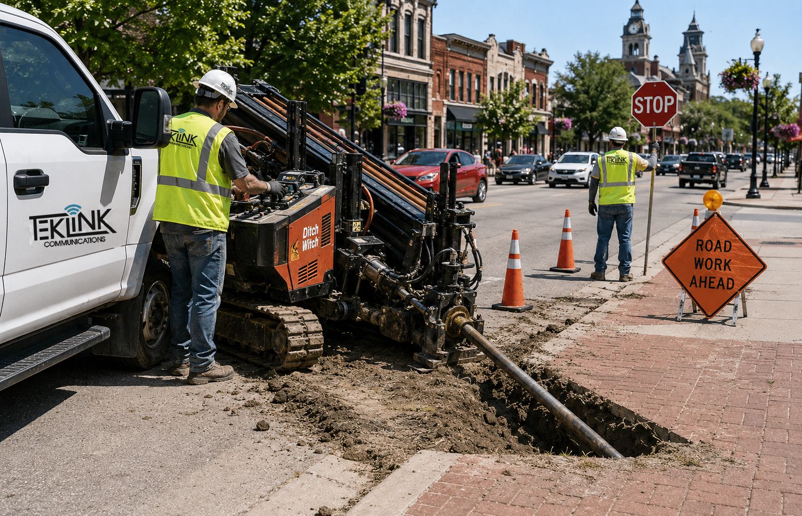Directional drill rig working a town-centre right of way with traffic control set: cones, signage, flagger.