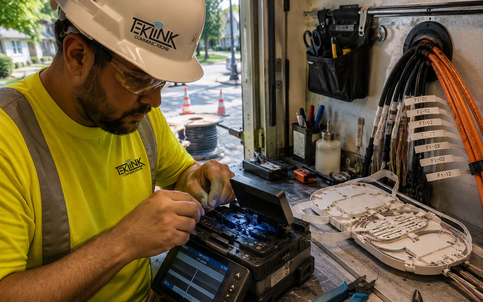 Splicer working in a splice trailer or van: fusion splicer open on the bench, splice tray and buffer tubes laid out, hands in frame. Warm interior light against through the door.