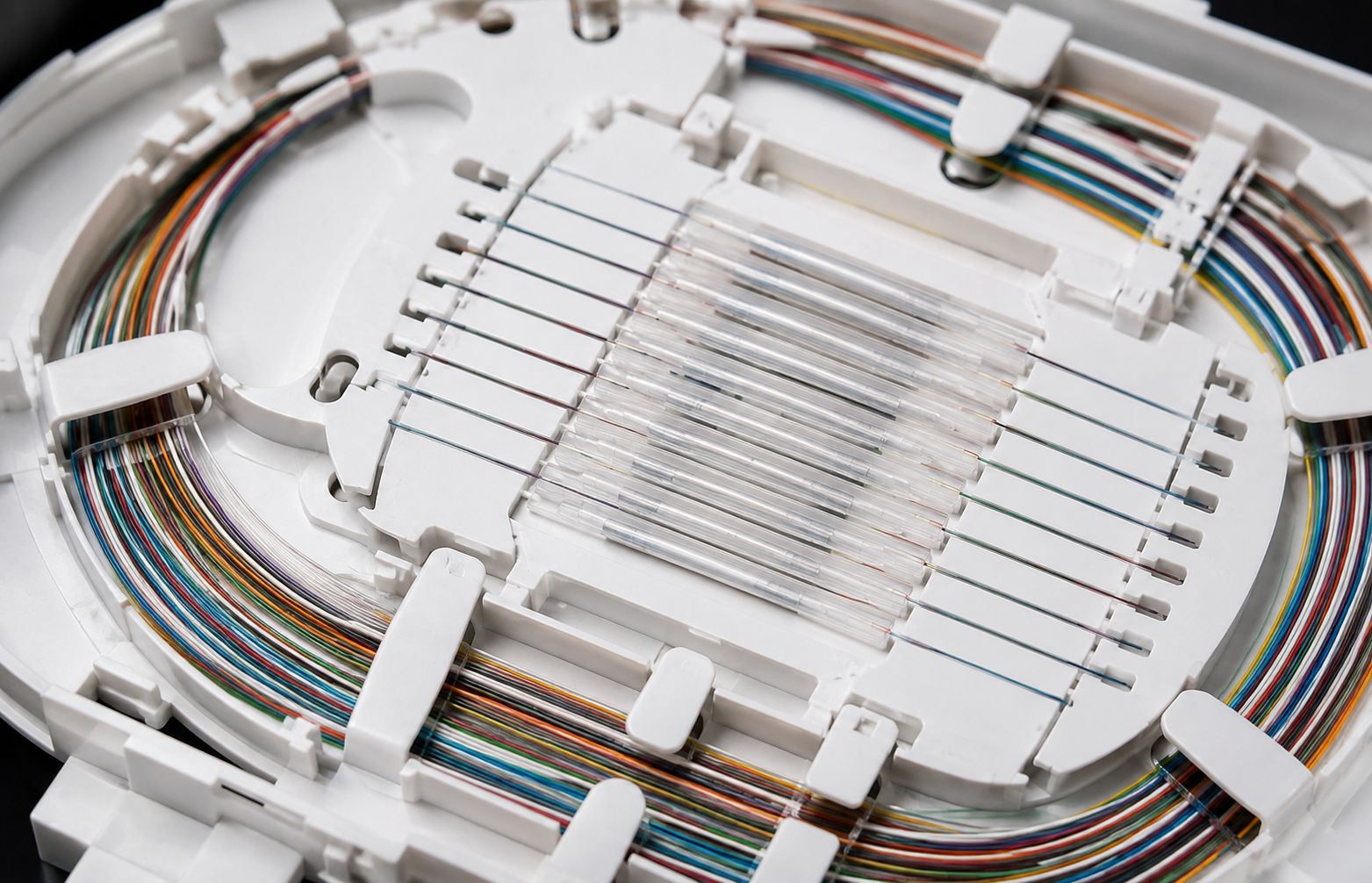 Macro of a finished splice tray: fibers dressed into the tray, sleeves seated, nothing crossed or pinched.